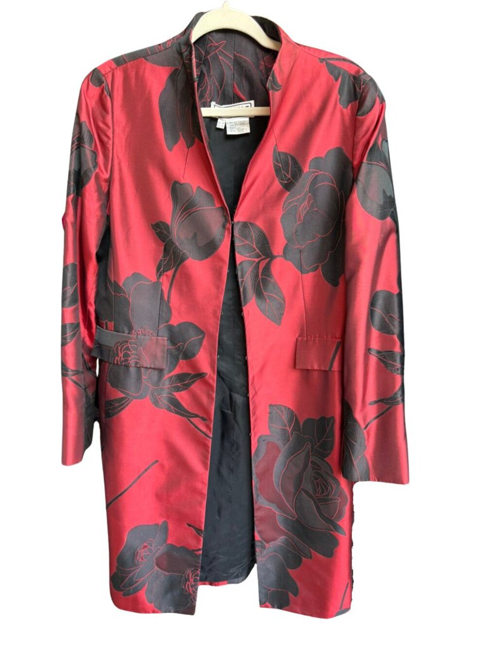 Elegant Red & Black Satin Floral Flocked Open Front Long Jacket Duster XL